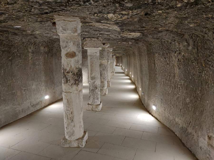 View entrance to inside the Great step pyramid of Djoser, Saqqara. Cairo, Egypt. The tomb of egyptian Pharaohs. ancient catacombs underground.
