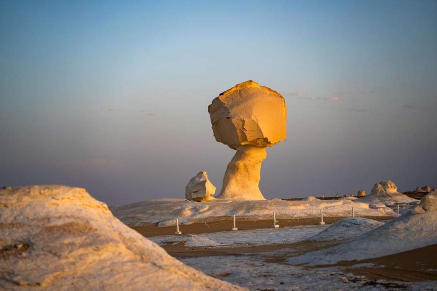 Sunset with incredible stone form at white desert near bahariya desert Egypt