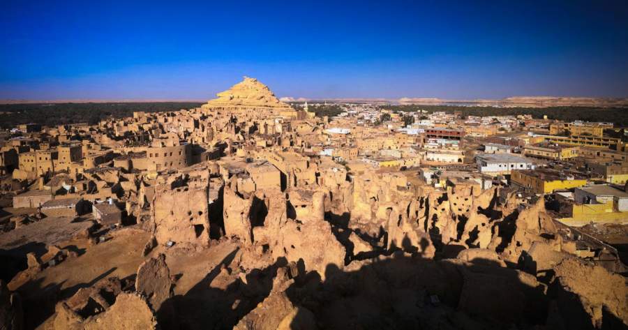 Panorama of old city Shali and mountain Dakrour, Siwa oasis, Egypt