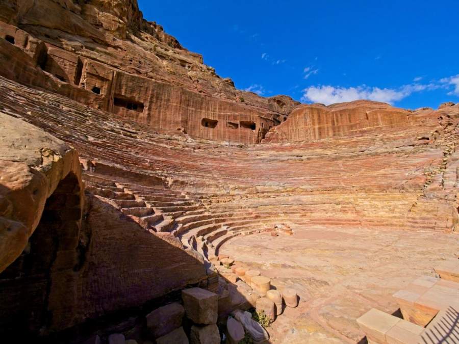 Theater, a first century AD Nabataean structure in ancient city Petra, Jordan