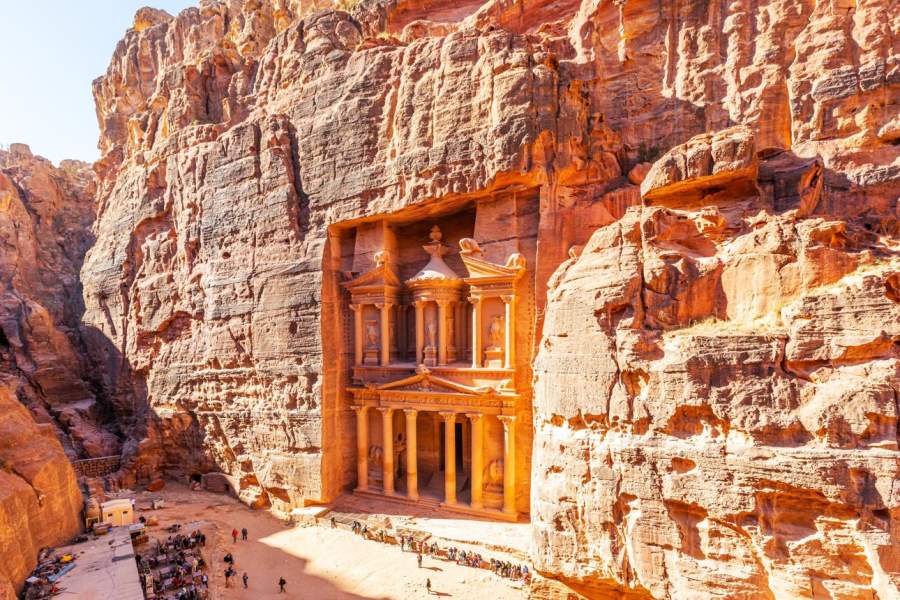 High angle view of Al-Khazneh (The Treasury) and the square,  one of the most elaborate temples in the ancient city of Petra, Jordan.